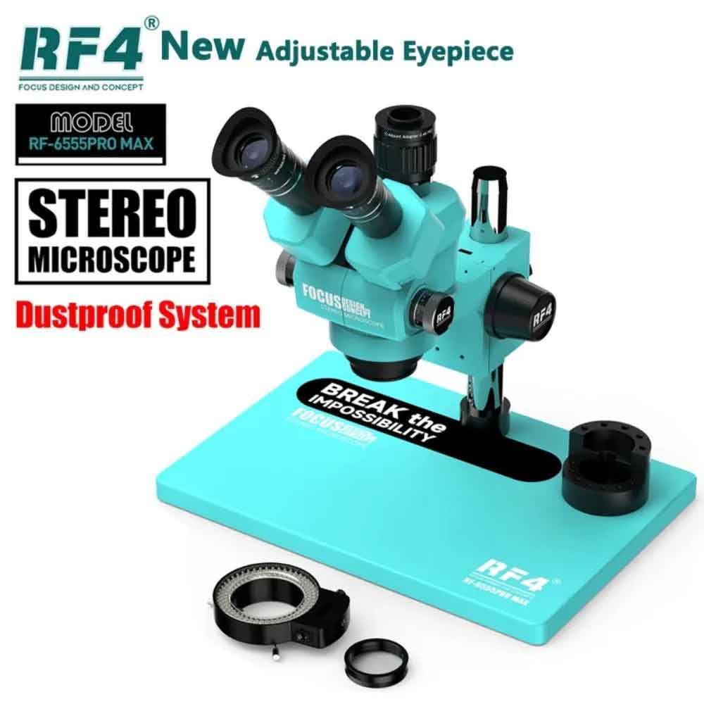 RF4 RF-6555PRO Max 6.5X-55X Trinocular Full HD Stereo Microscope With Zooming 0.48X CTV Camera Lens & LED Adjustable Light - 2024 EDITION