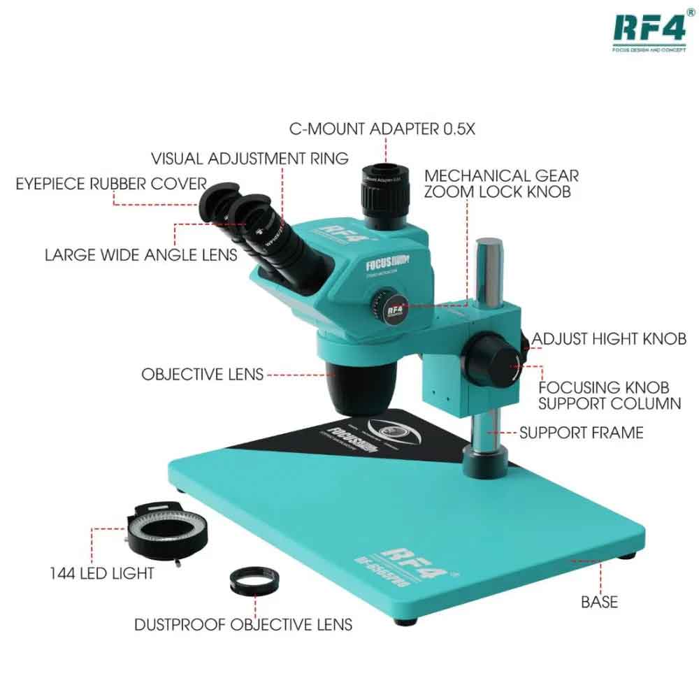 RF4 RF6565Pro 6.5-65X Synchronous Zoom Trinocular Stereo Microscope with Aluminum Alloy Base