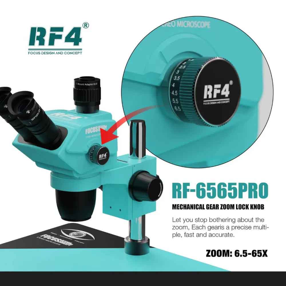 RF4 RF6565Pro 6.5-65X Synchronous Zoom Trinocular Stereo Microscope with Aluminum Alloy Base