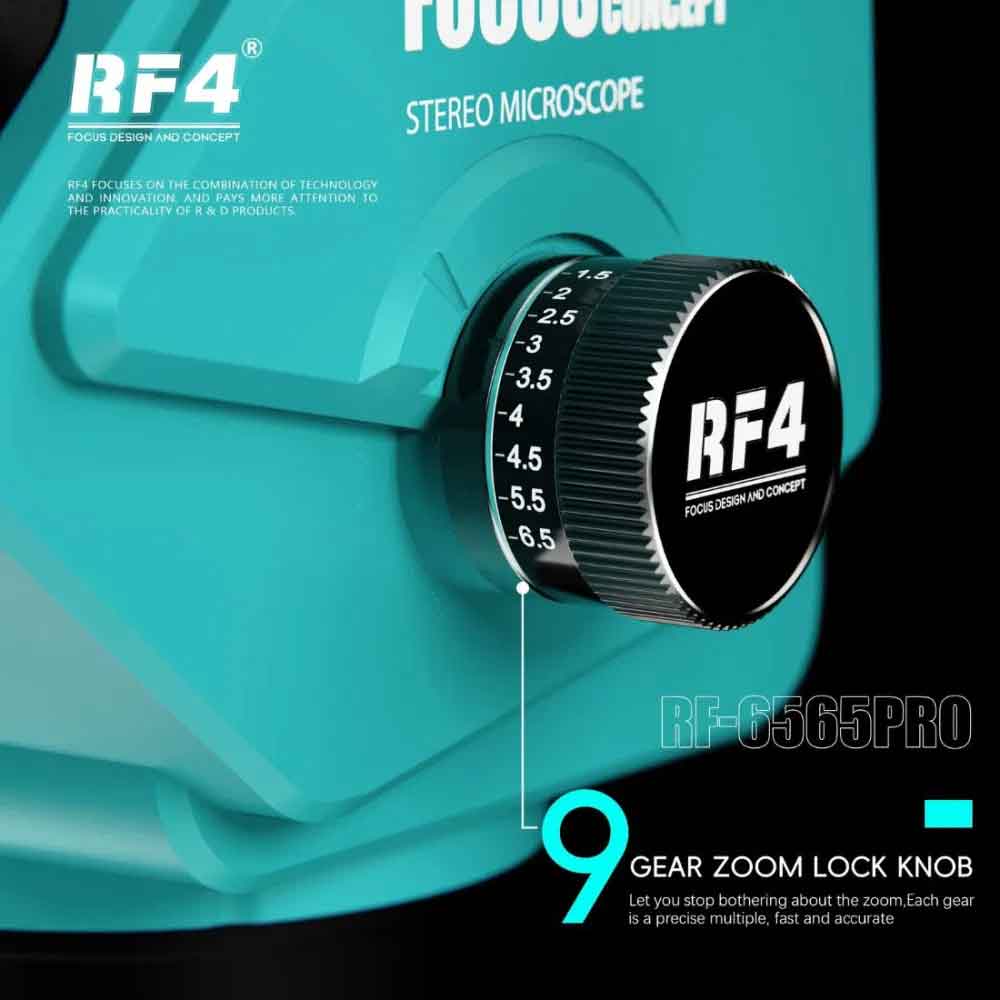 RF4 RF6565Pro 6.5-65X Synchronous Zoom Trinocular Stereo Microscope with Aluminum Alloy Base