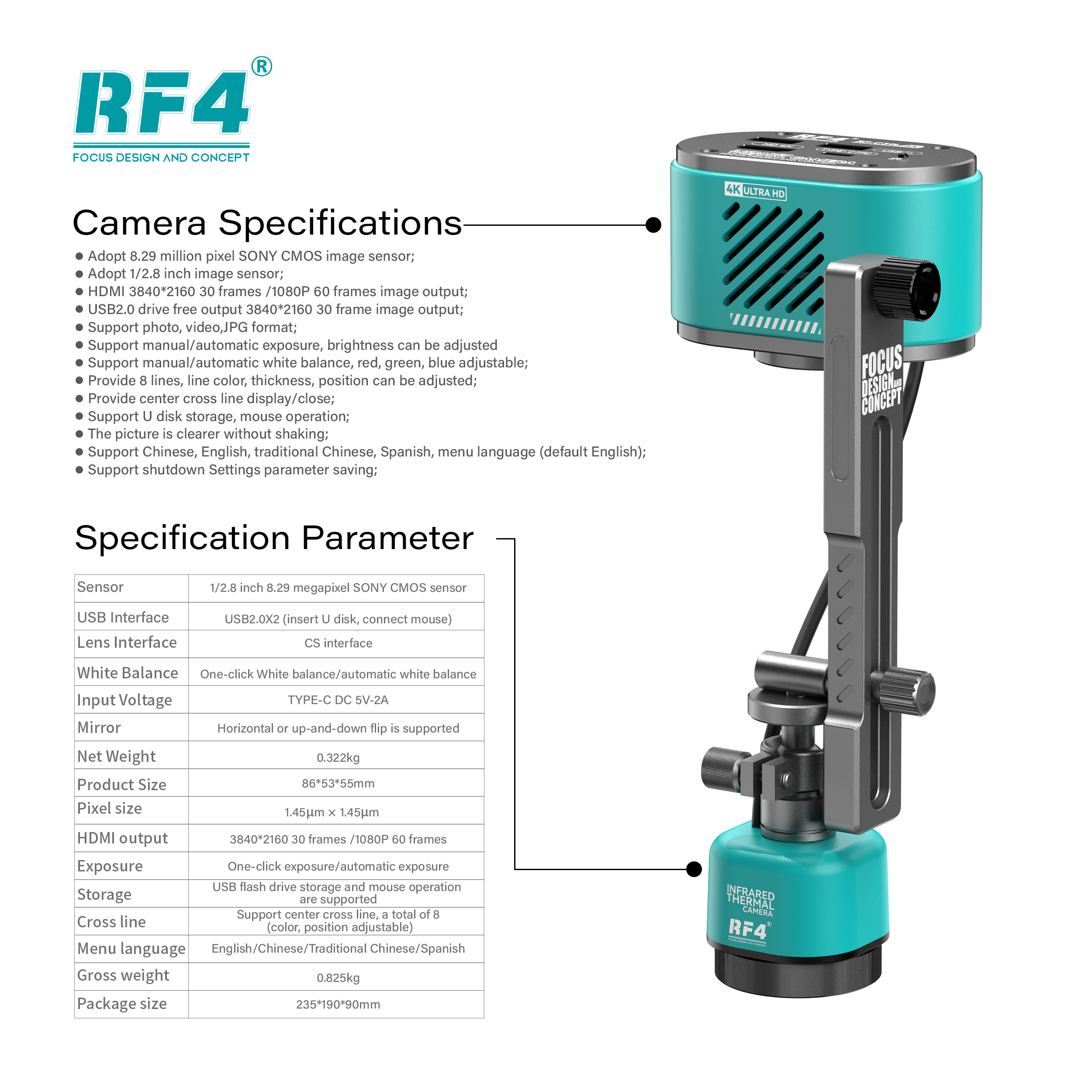 RF4 RF-C39L 2-in-1 4K Visible and Infrared Dual-Spectral Thermal Camera with Fixed Trestle