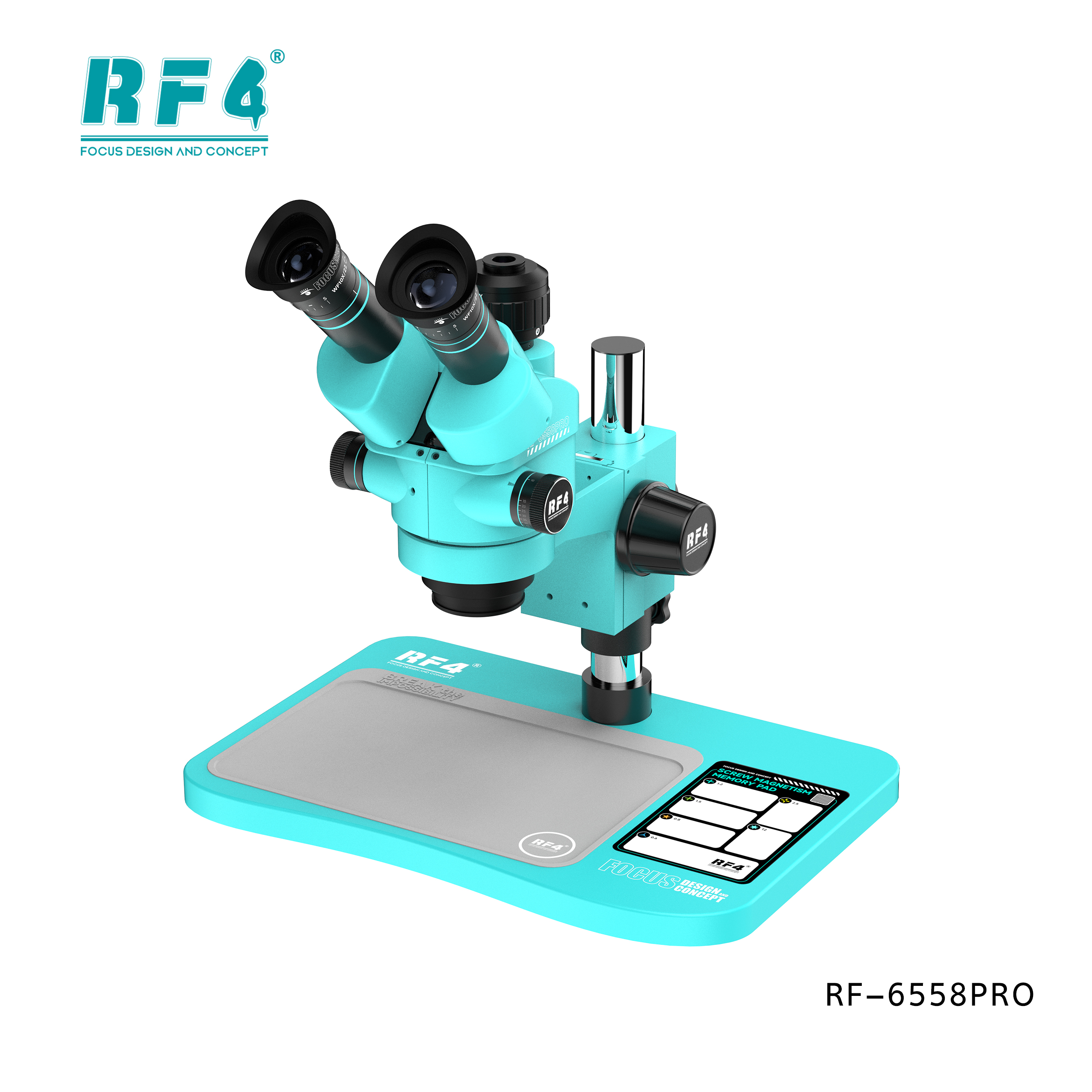 RF4 RF-6558Pro 6.5-58X Trinocular Stereo Microscope with Big Base & Silicone Pad & Screw Pad