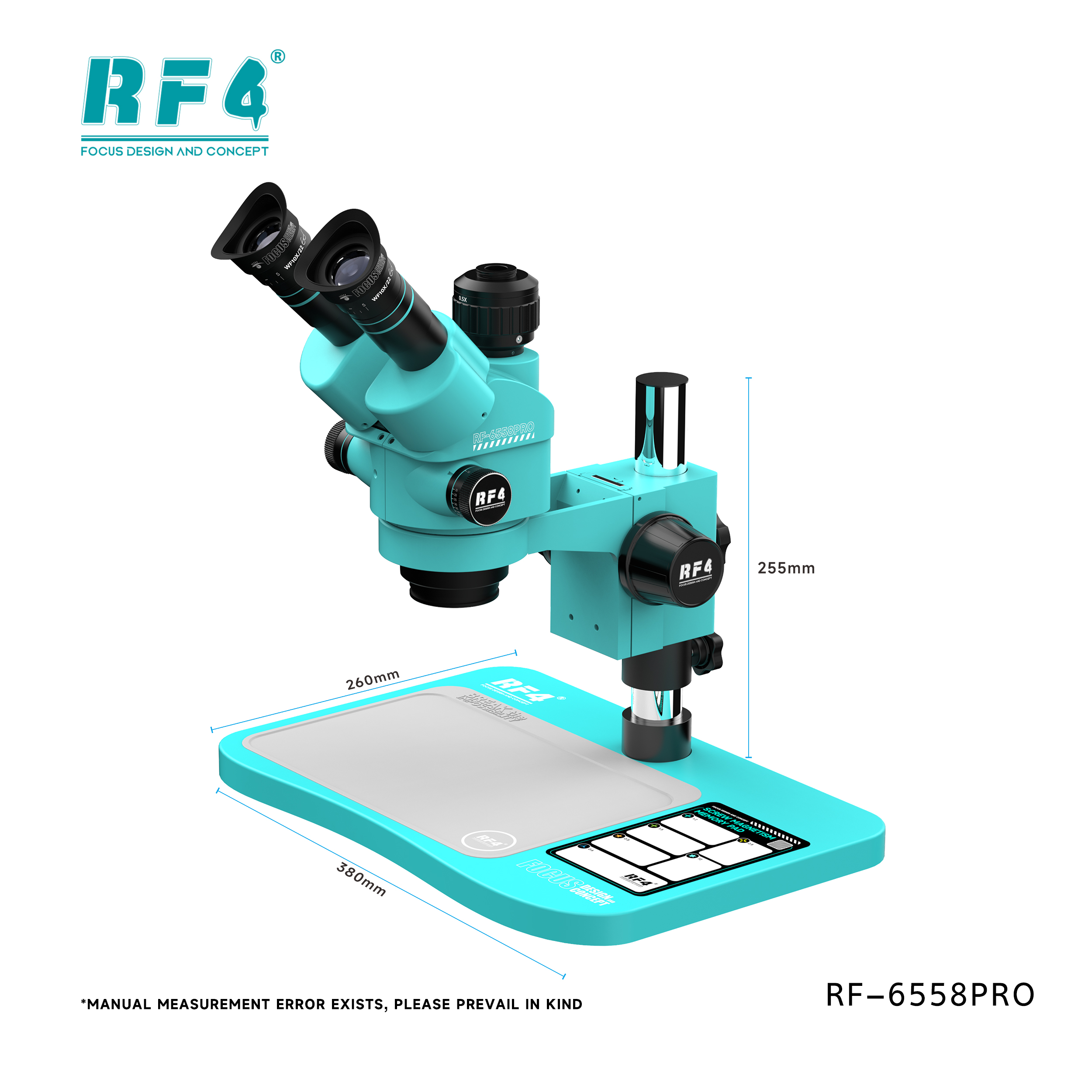 RF4 RF-6558Pro 6.5-58X Trinocular Stereo Microscope with Big Base & Silicone Pad & Screw Pad
